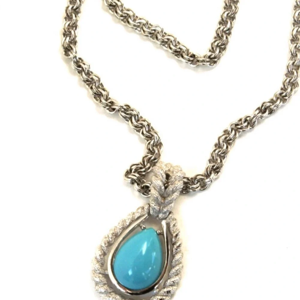 Avon Silver Tone Necklace with Faux Turquoise Teardrop Pendant